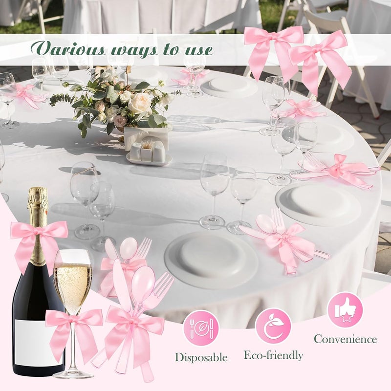 Minatee 25 Sets Pink Plastic Cutlery Set with Twist Tie Bows, Heavy Duty Tableware Disposable Pink Forks Knives and Spoons Silverware Utensils Set for Coquette Birthday Party Table Setting Picnics - Image 5